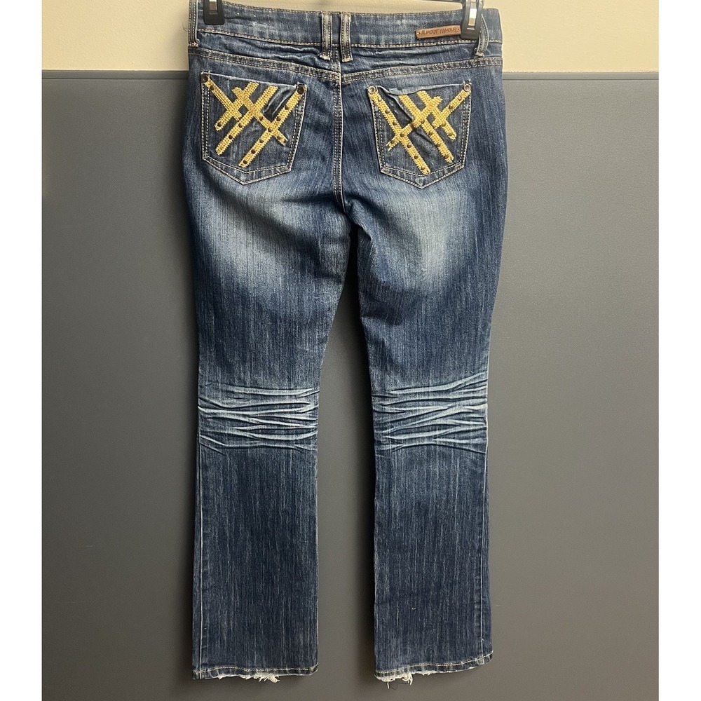 Almost Famous Distressed Bootcut Jean's Women's Size 7 With Brown Stitches
